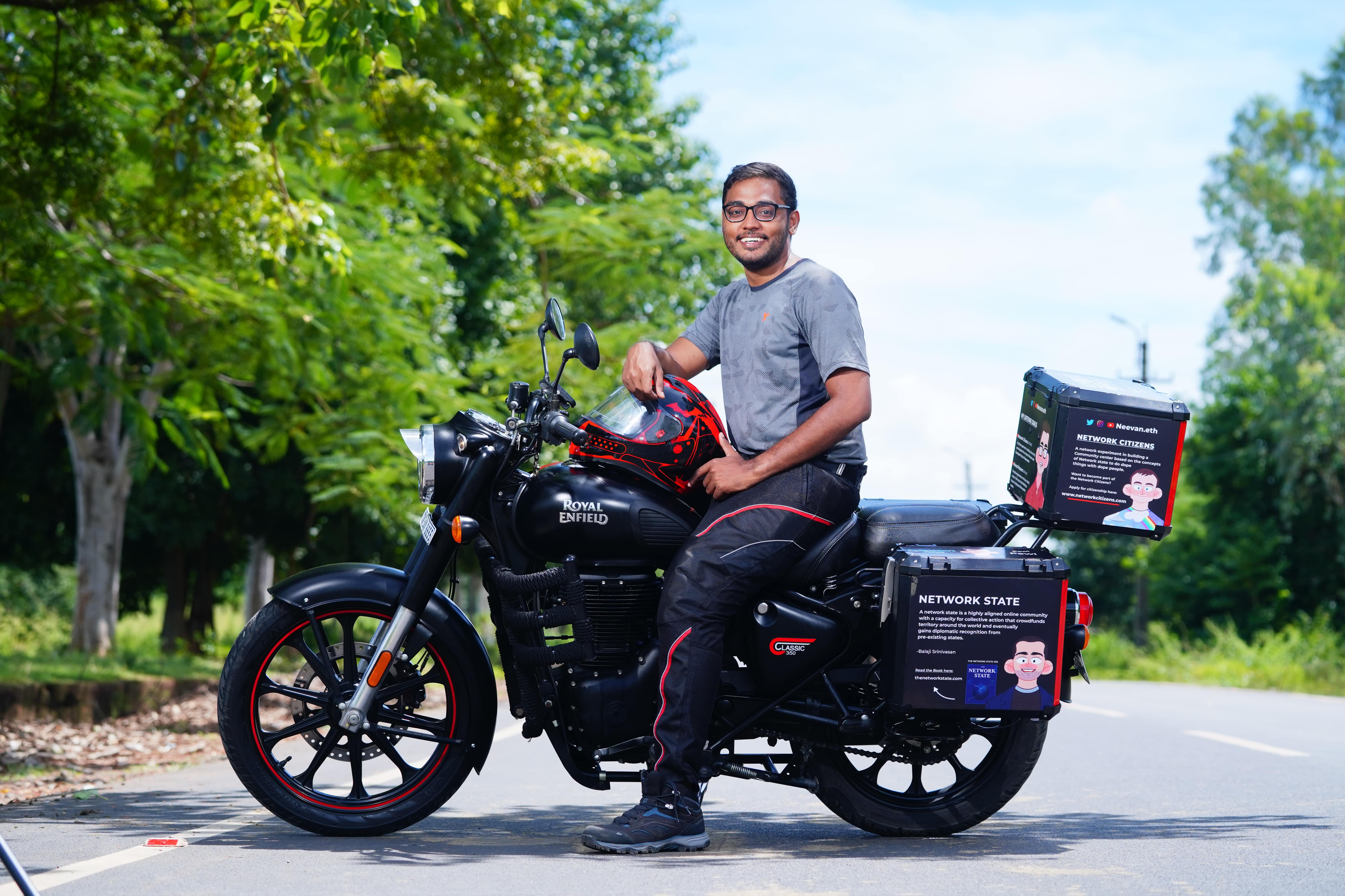 Naveen on Royal Enfield evangelizing the Network State, rode 10,000 km across India